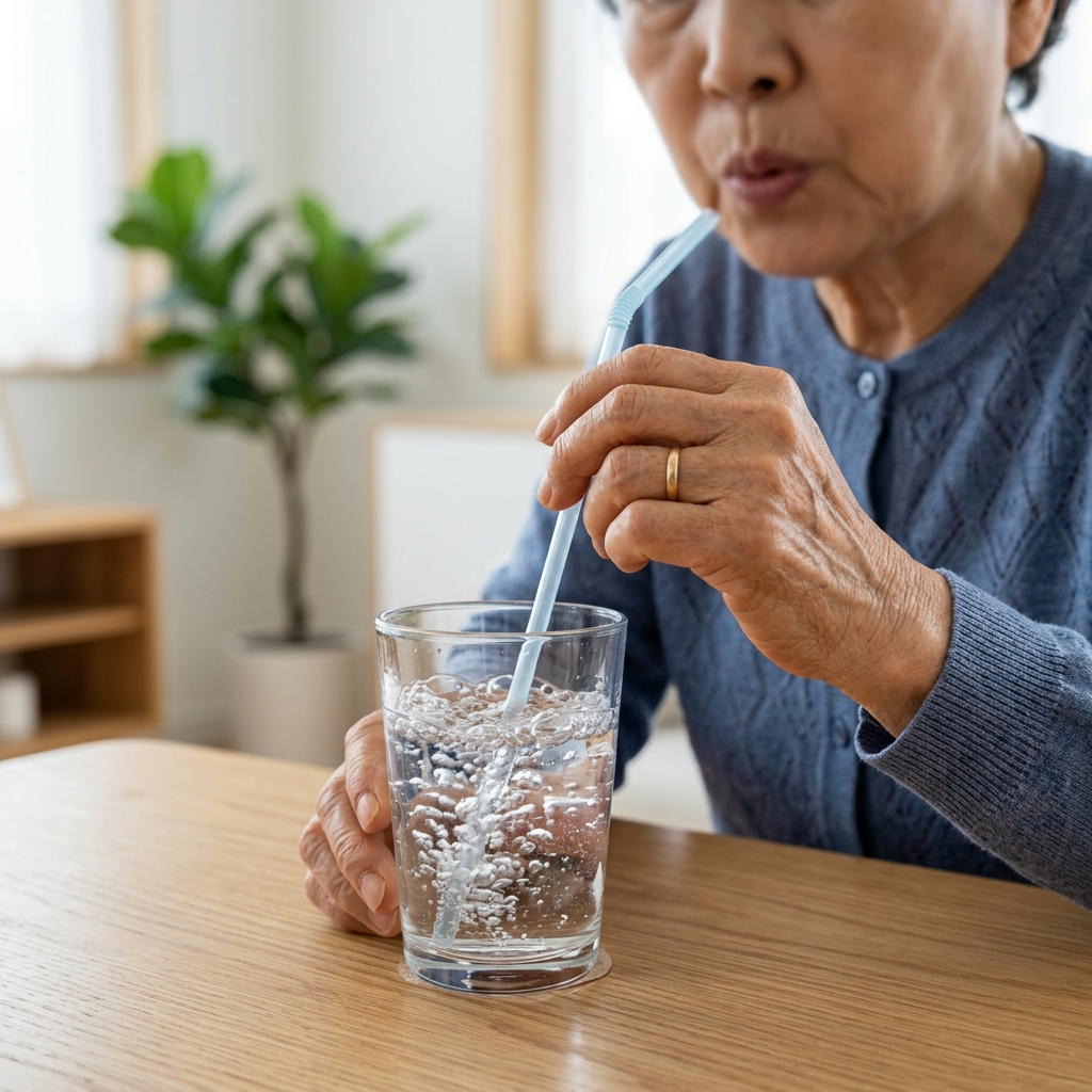 빨대로 물컵에 공기를 불어넣는 시니어의 손