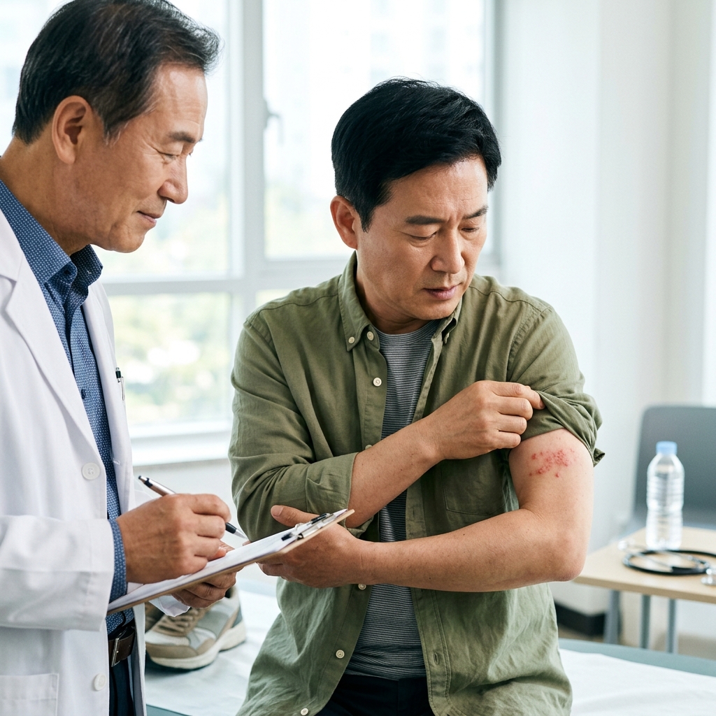 대상포진 발진 부위를 확인하는 중장년 환자