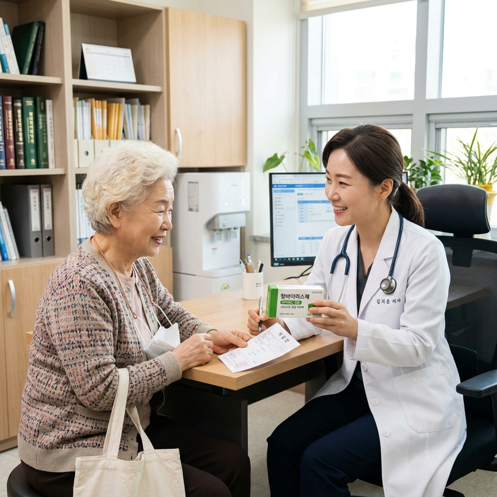병원에서 항바이러스제 처방을 받는 장면