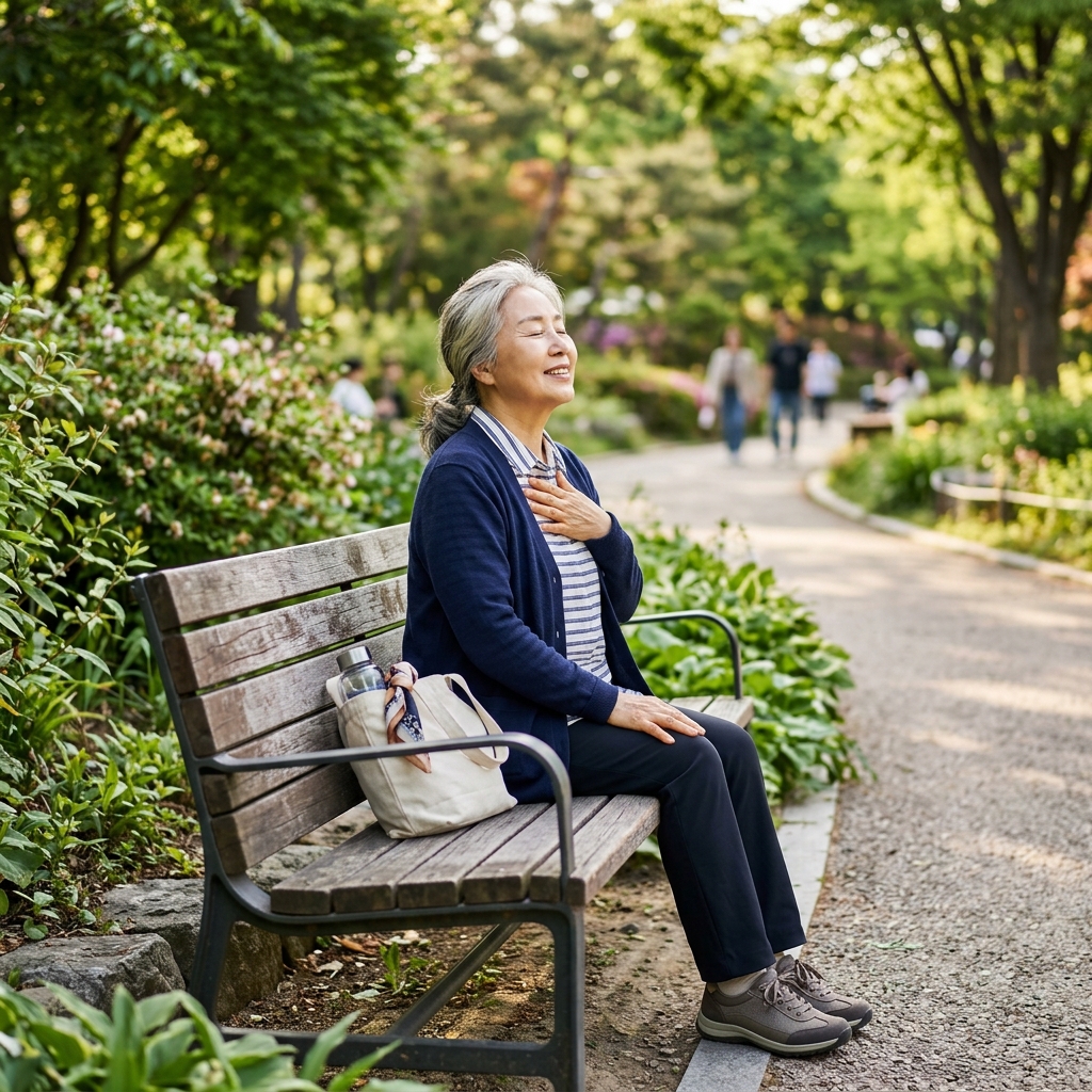 공원 벤치에서 심호흡하는 시니어