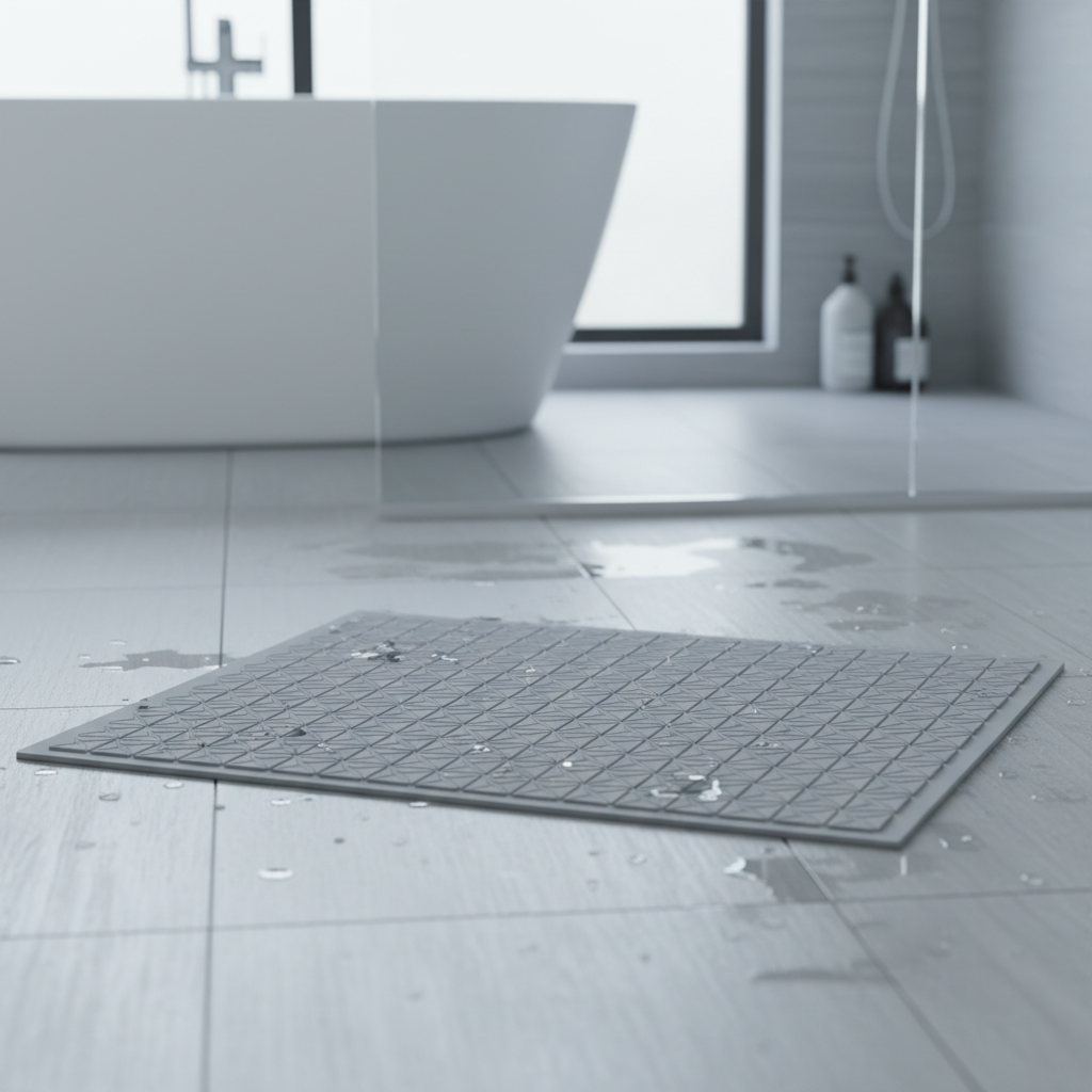 물기 있는 욕실 바닥에 미끄럼 방지 매트가 깔린 모습