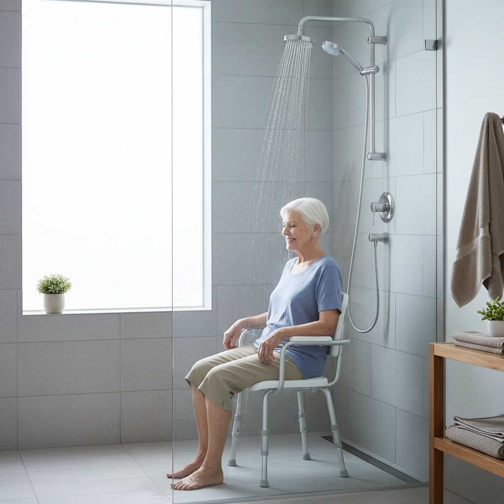 욕실에서 목욕 의자에 앉아 안전하게 샤워하는 노인의 모습