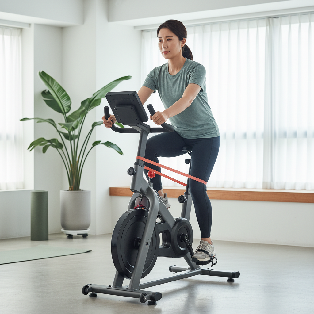 실내 자전거를 타며 무릎 운동을 하는 한국인의 모습