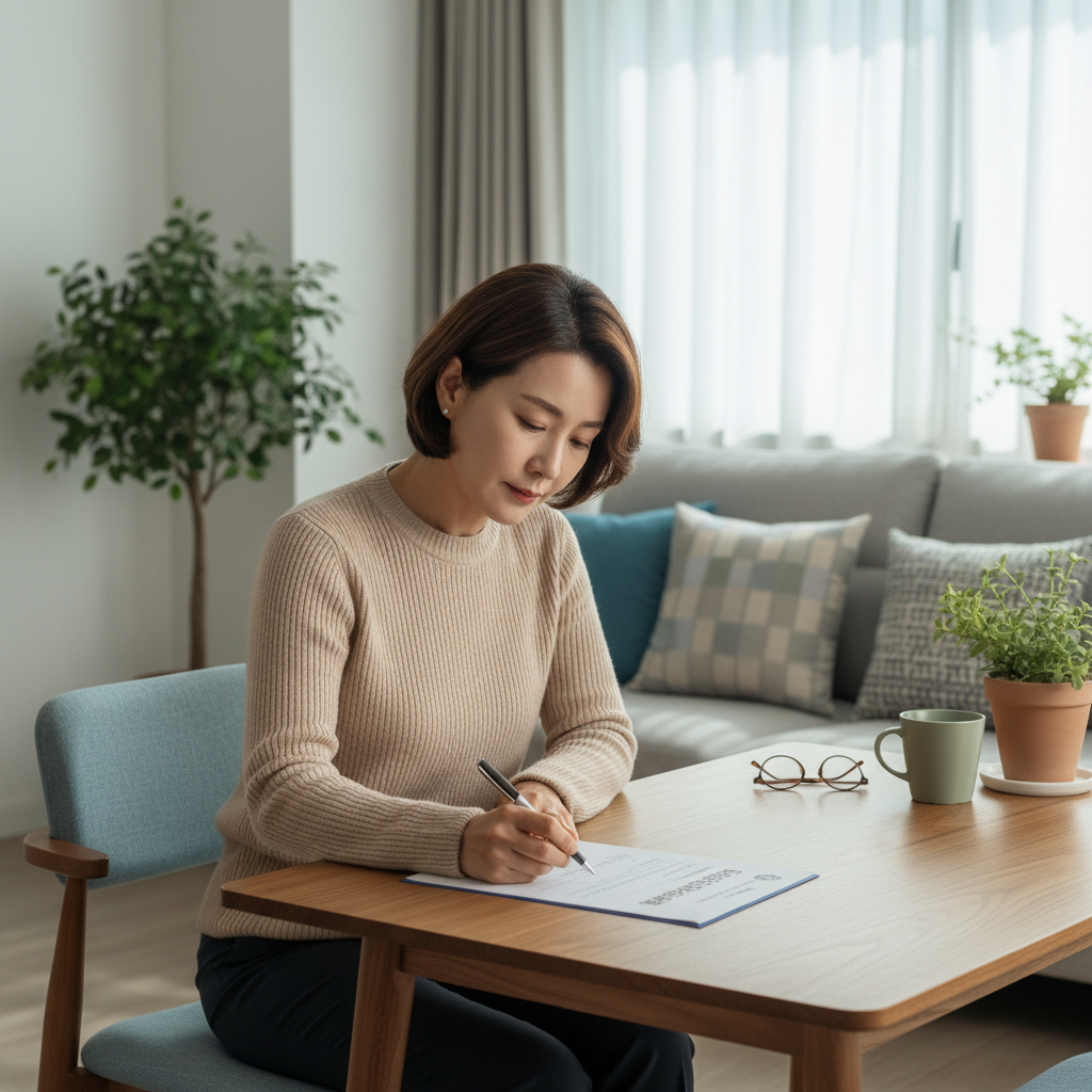 집 거실에서 한국인 중년 여성이 노인장기요양 신청서를 작성하는 모습