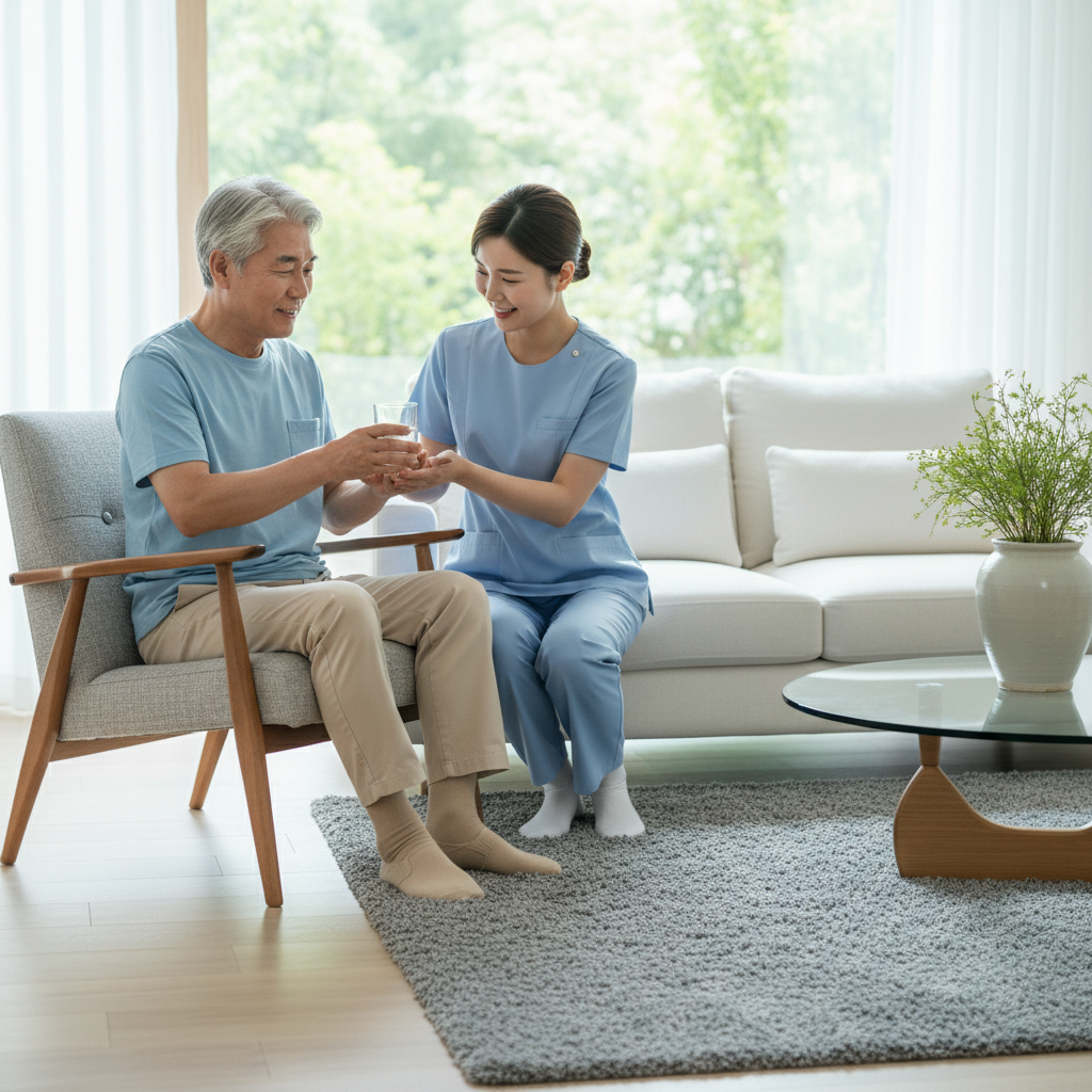 한국인 시니어 남성이 요양보호사와 함께 거실에서 일상생활 도움을 받는 장면