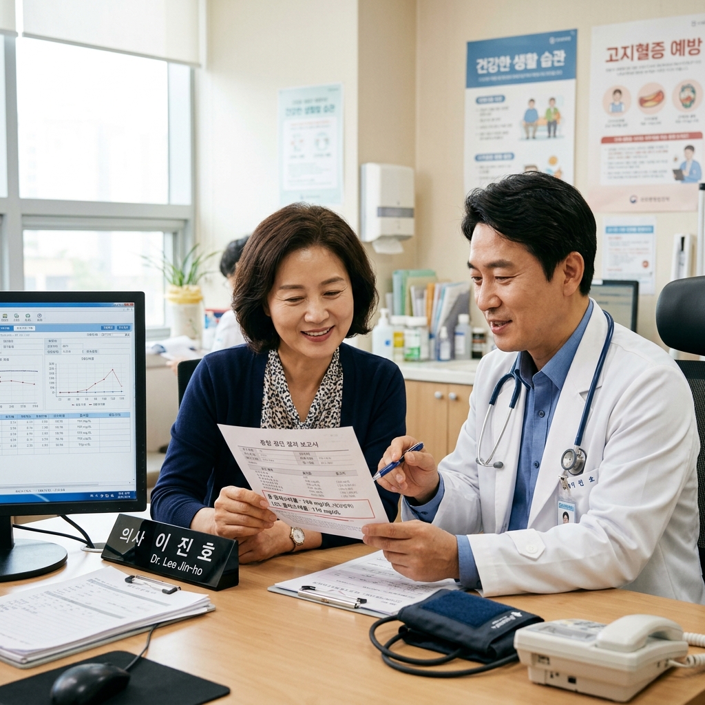 병원 진료실에서 한국인 중년 여성이 의사와 함께 검진 결과지를 보며 콜레스테롤 수치를 확인하는 현실적인 장면
