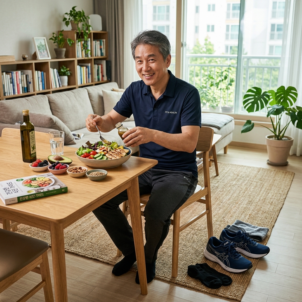 집 거실에서 한국인 중년 남성이 건강한 식단과 운동화를 준비하며 생활 습관 개선을 실천하는 자연스러운 장면