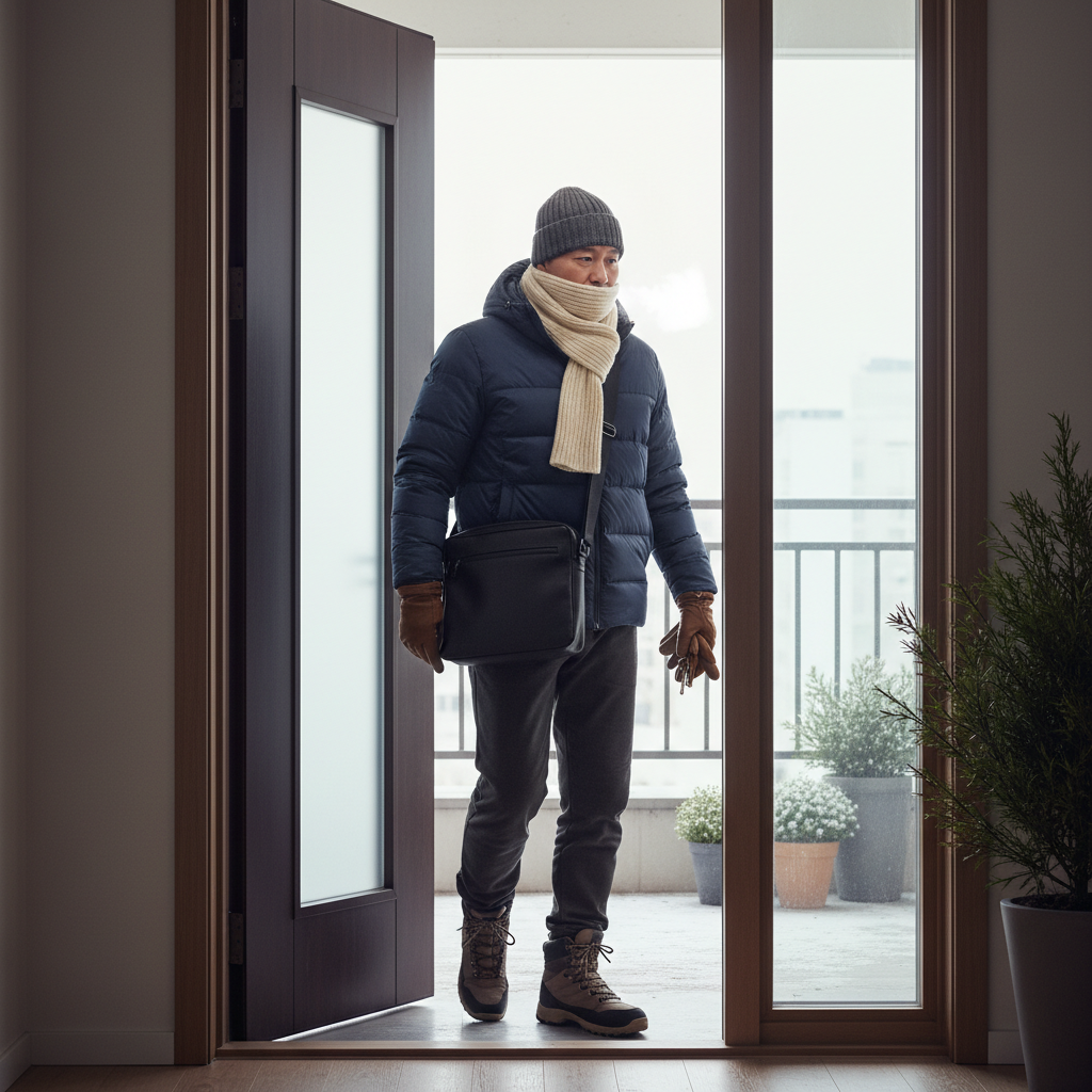 겨울 아침 외출 시 모자와 목도리를 착용한 한국인 중년 남성이 현관문을 나서는 장면