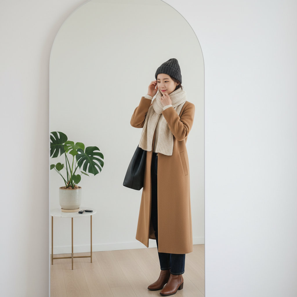 현관 거울 앞에서 목도리를 목에 두르고 모자를 쓴 한국인 여성이 외출 준비를 마친 모습