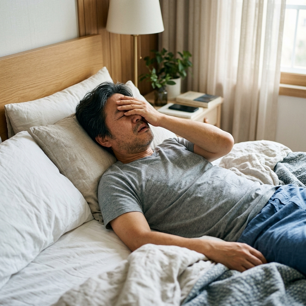 침대에 누워 답답함을 느끼는 중년 남성의 자연스러운 모습