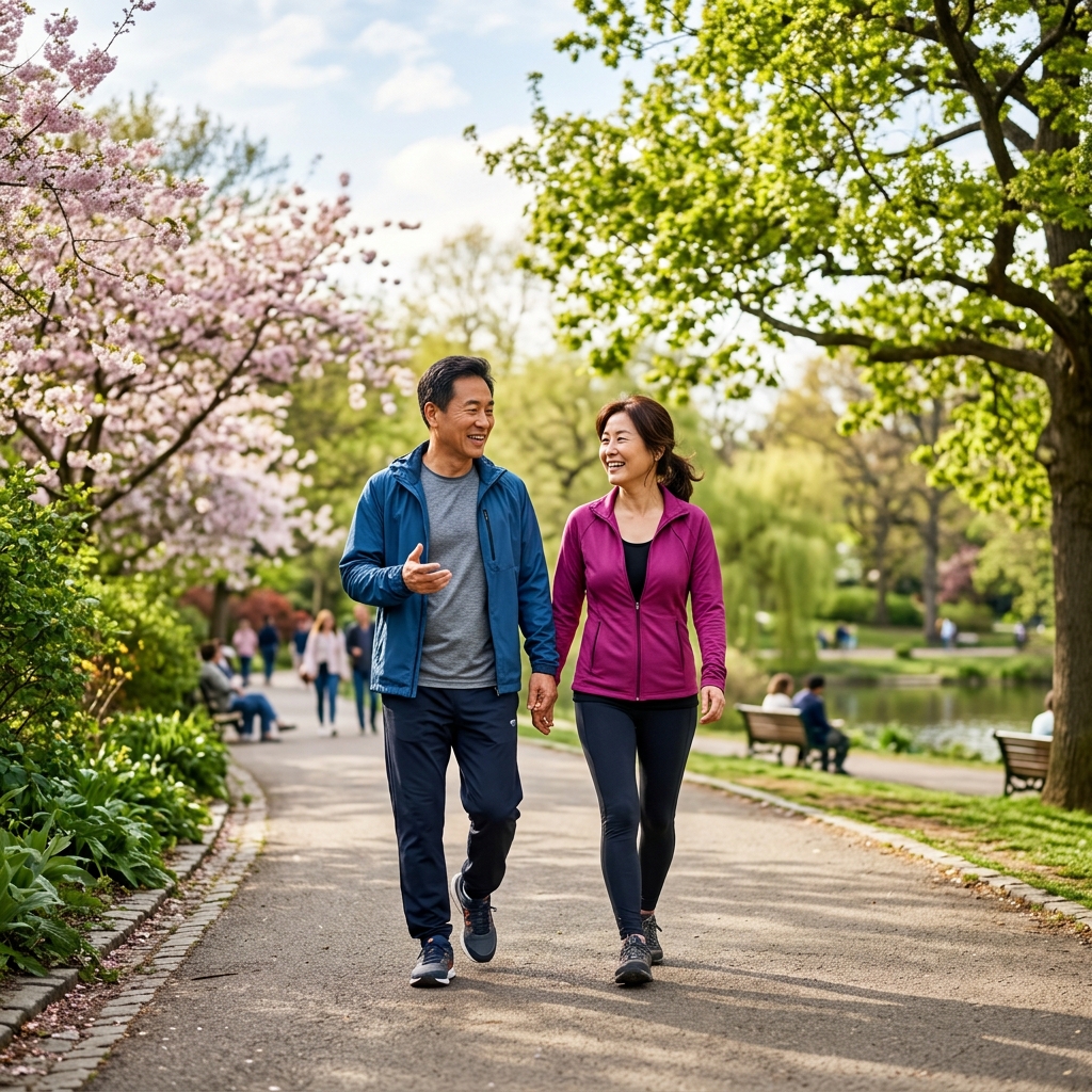 공원에서 편안한 속도로 걷기 운동을 하는 중년 부부