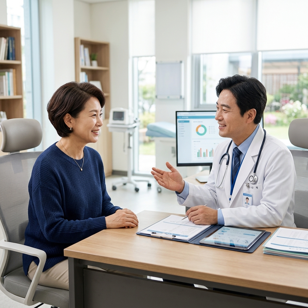 병원에서 의사와 상담 중인 중년 환자의 모습