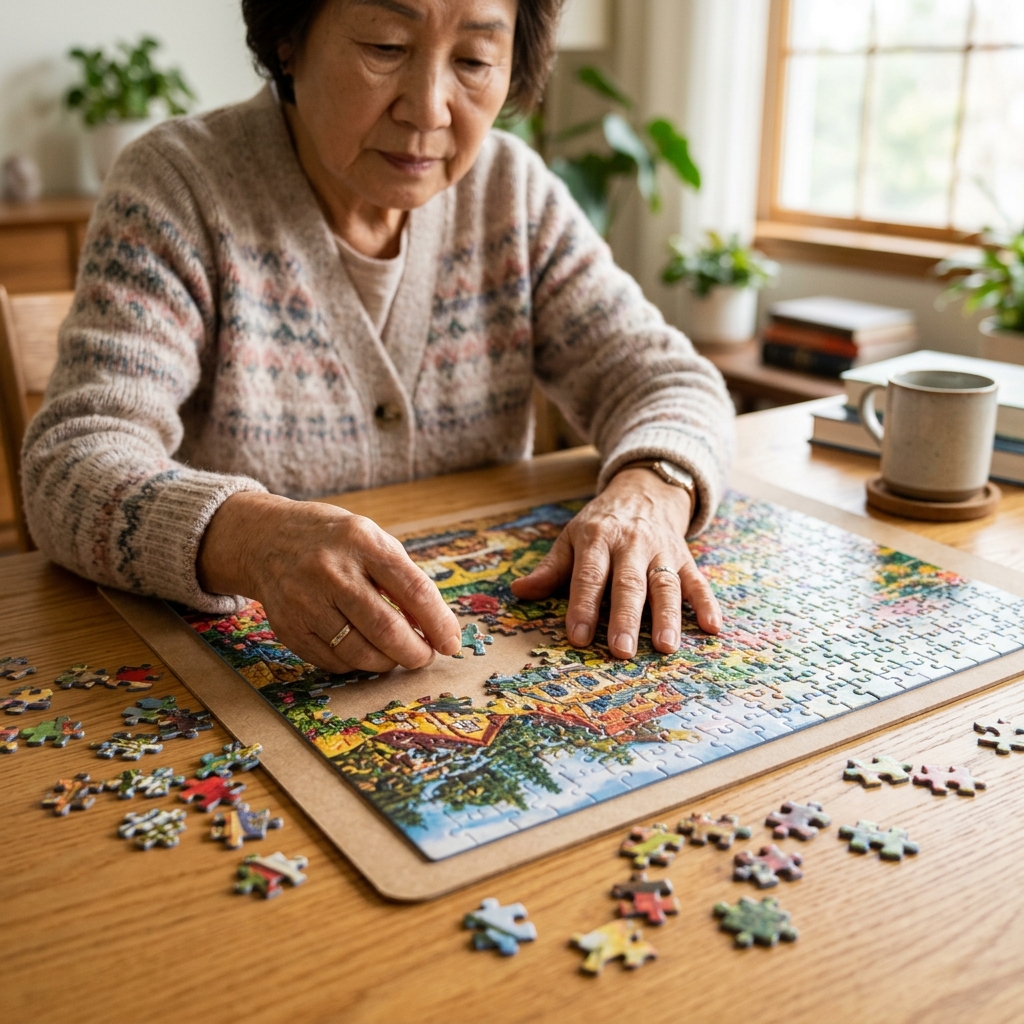 퍼즐을 맞추고 있는 시니어의 손과 테이블 위 퍼즐 조각들
