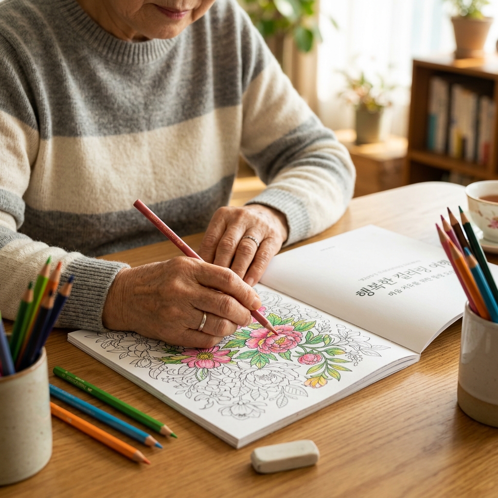 컬러링북에 색연필로 채색하는 시니어의 손
