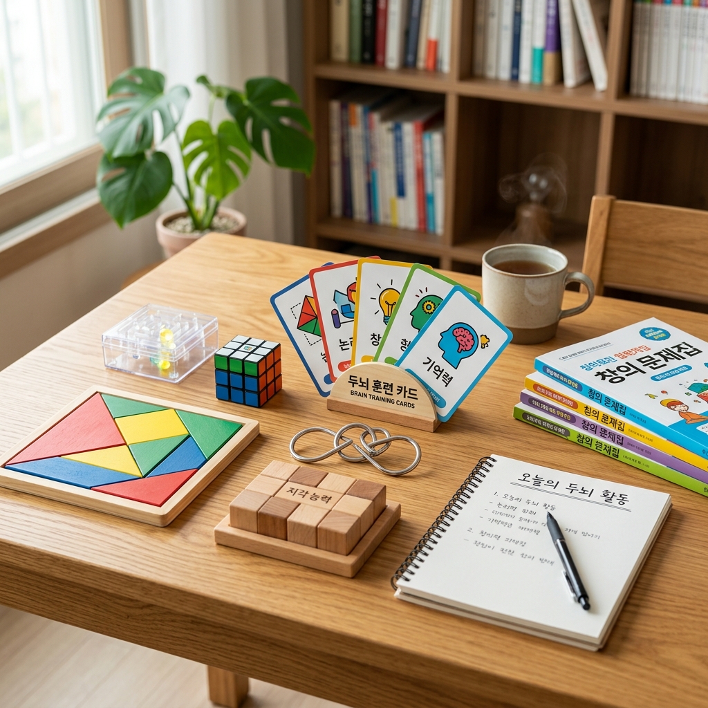 테이블에 놓인 다양한 두뇌 훈련 교구들