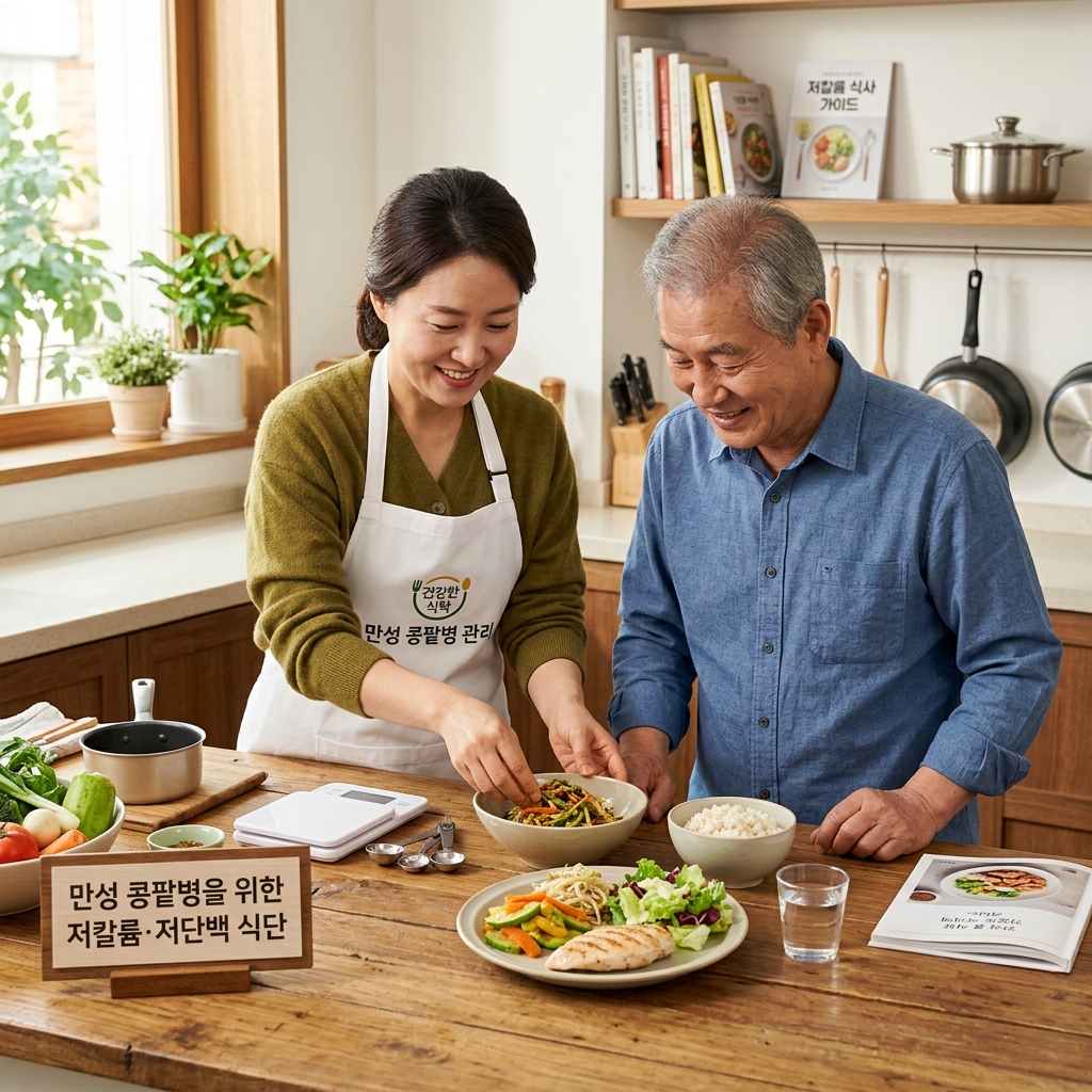 만성 콩팥병 환자를 위한 저칼륨&middot;저단백 식단 구성 장면
