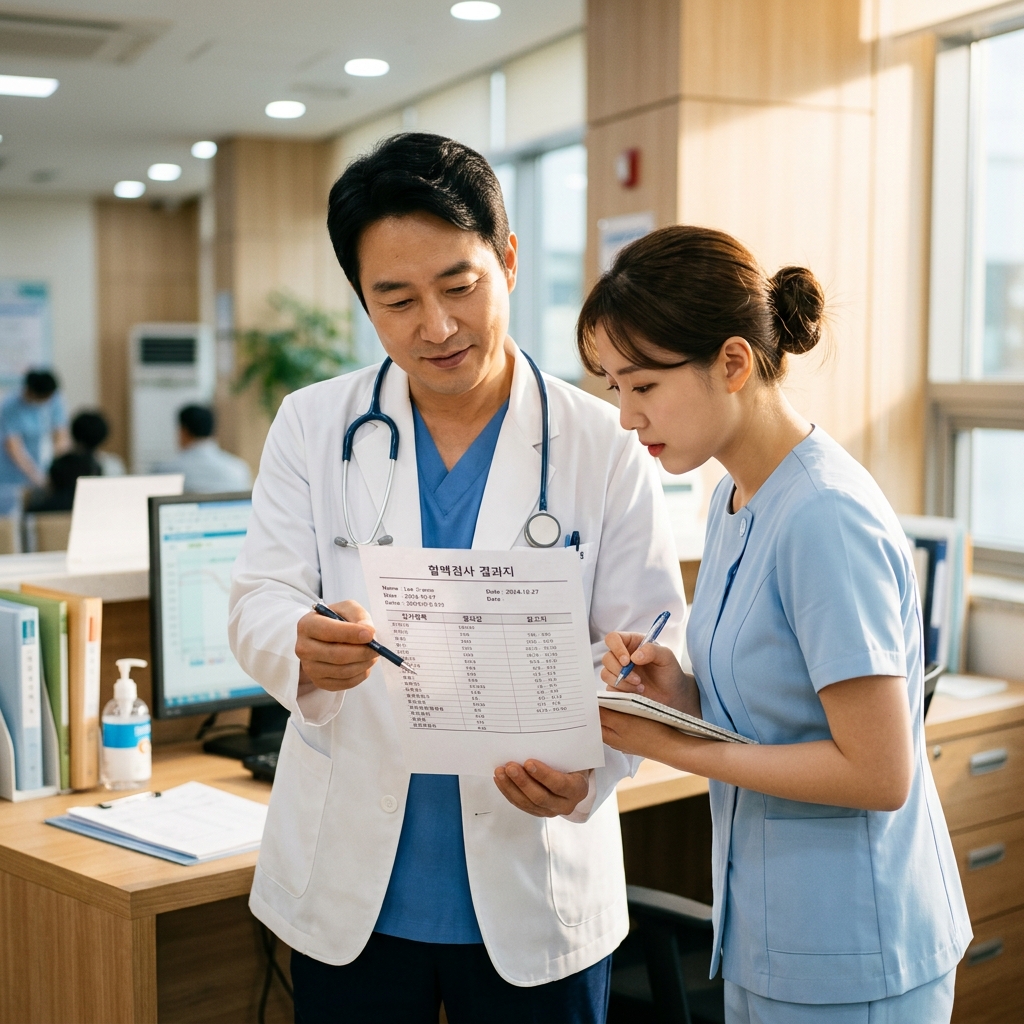 혈액검사 결과지를 확인하는 의료진