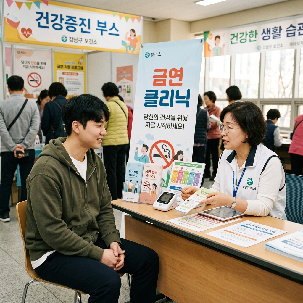 보건소 건강증진 부스에서 한국인 청년이 금연 상담을 받는 일상적인 장면