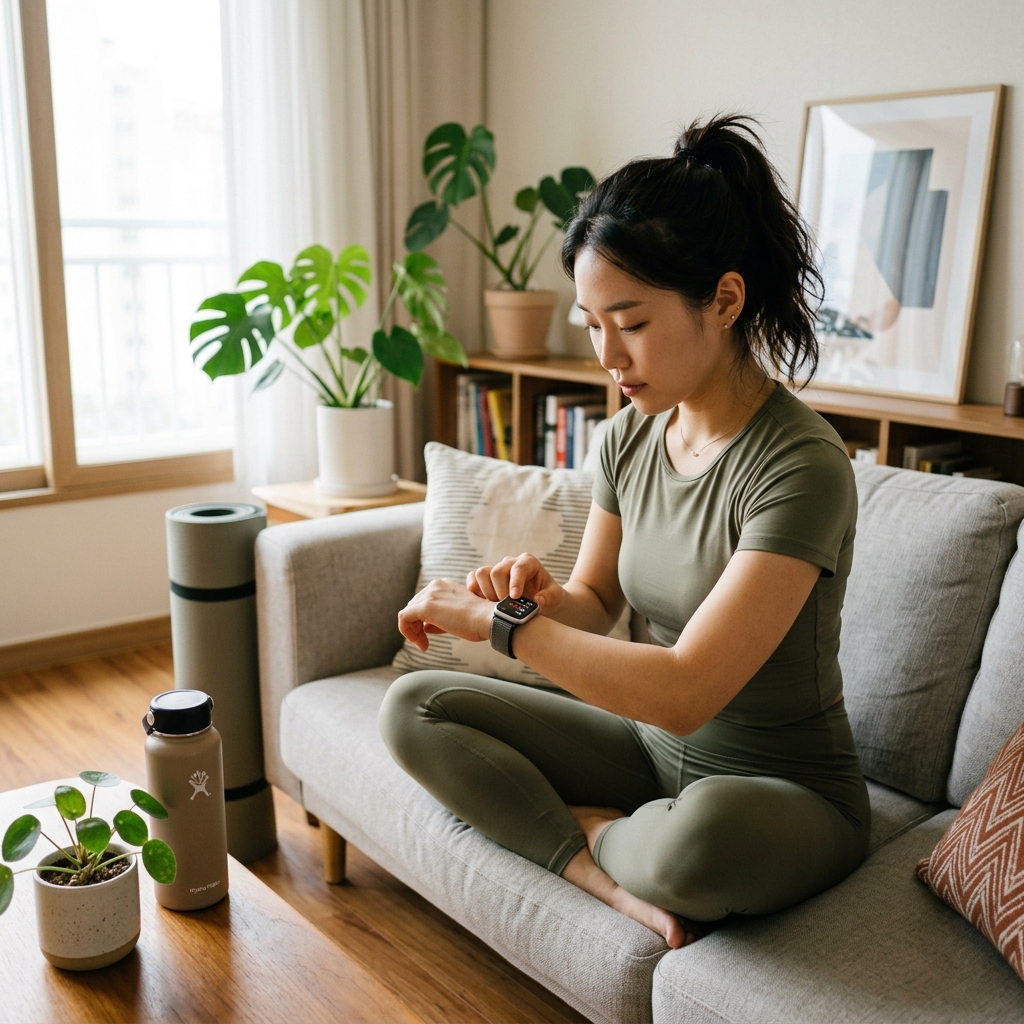 집 거실에서 한국인 젊은 여성이 스마트워치로 심박수를 확인하는 자연스러운 일상 장면