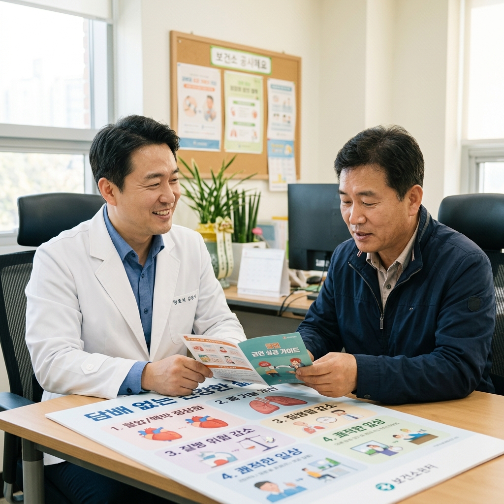 보건소 상담실에서 한국인 중년 남성이 금연 상담 자료를 보며 설명을 듣는 현실적인 장면