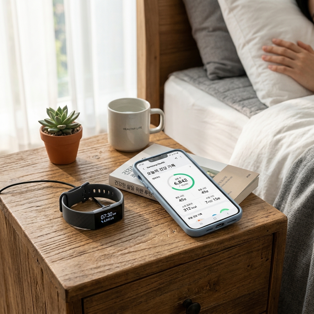 침대 옆 탁자에 놓인 스마트 밴드와 스마트폰 건강 앱 화면이 보이는 현실적인 생활 장면