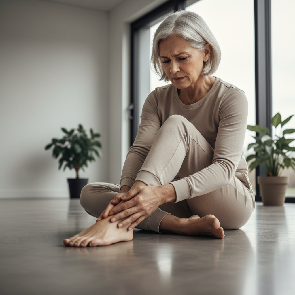 딱딱한 실내 바닥 위에서 발바닥을 손으로 누르며 통증을 느끼는 시니어 여성의 모습