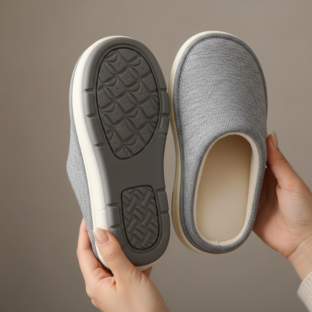 아치 지지대와 두꺼운 쿠션이 들어간 시니어 실내화를 손에 들고 밑창 구조를 확인하는 장면