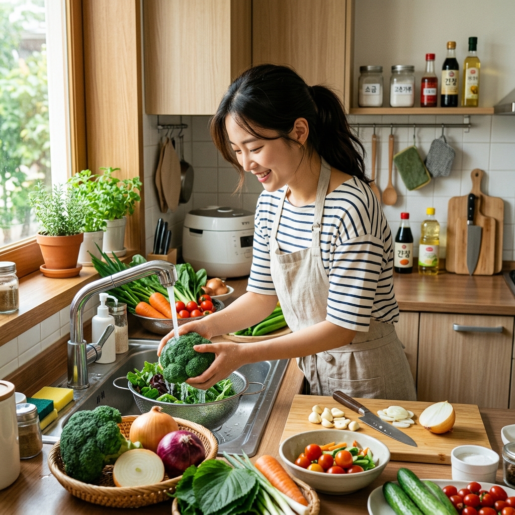 한국인 주방에서 브로콜리, 양파, 마늘 등 다양한 채소를 씻어 준비하는 자연스러운 생활 장면