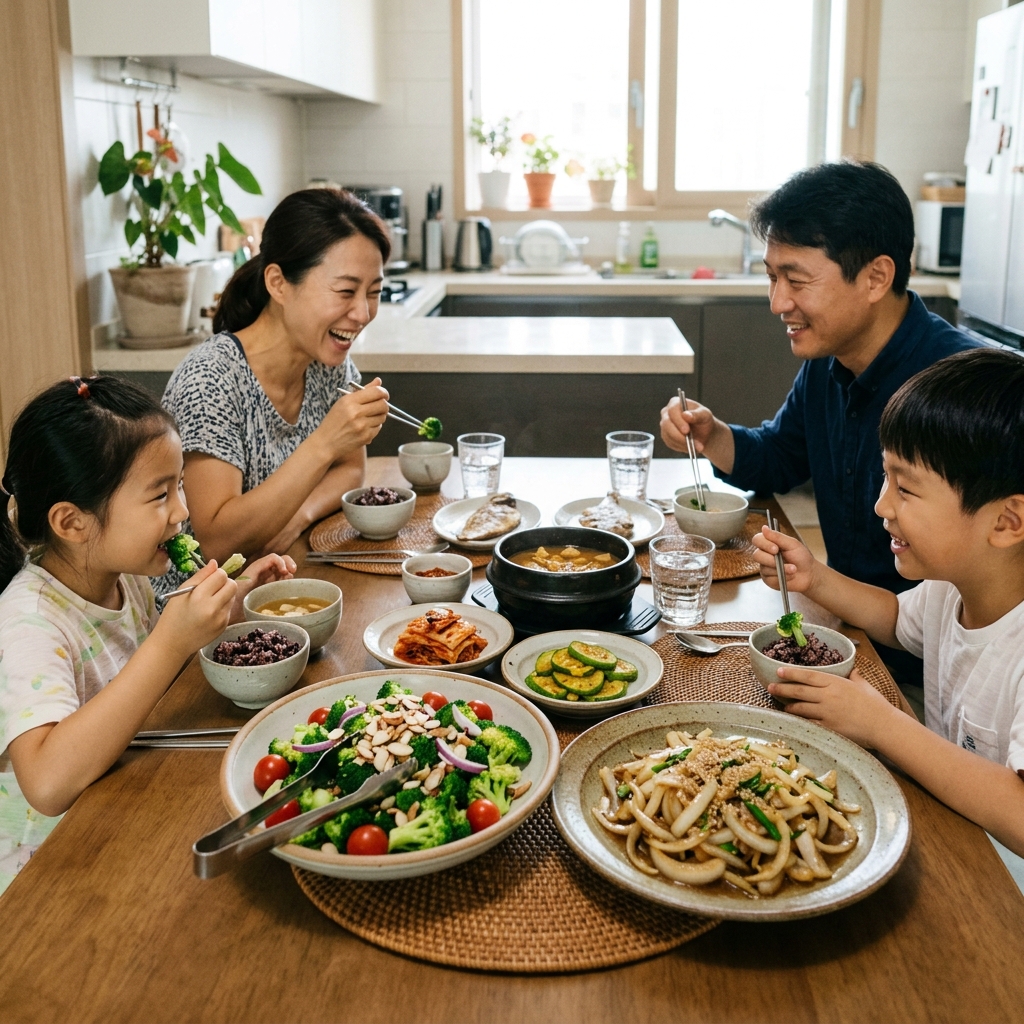 한국인 가정 식탁에서 브로콜리 샐러드와 양파 볶음을 함께 먹는 일상적인 식사 장면