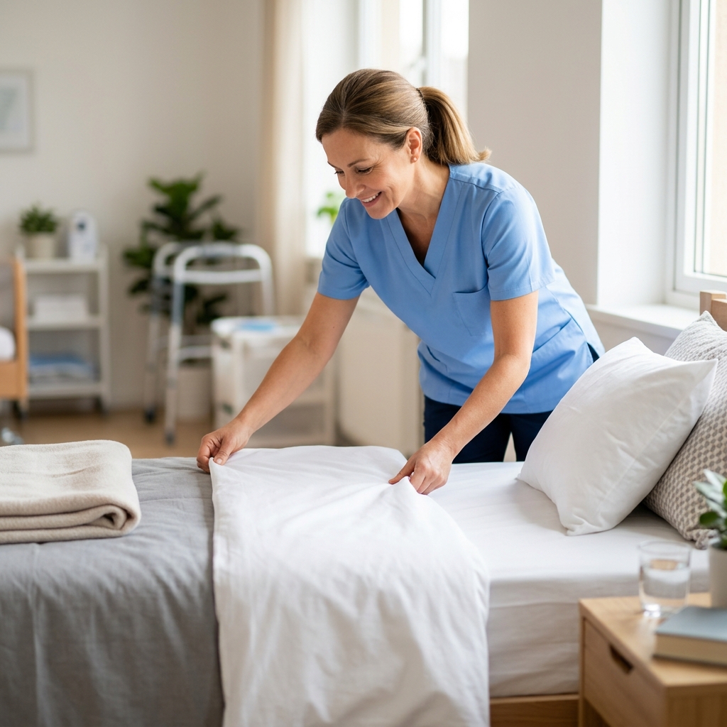 침상 환경을 점검하며 시트를 정돈하는 장면