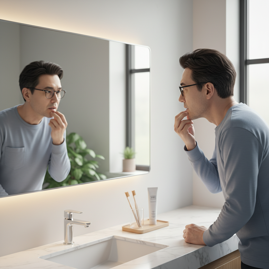 한국인 중년 남성이 거울을 보며 잇몸 상태를 확인하는 장면