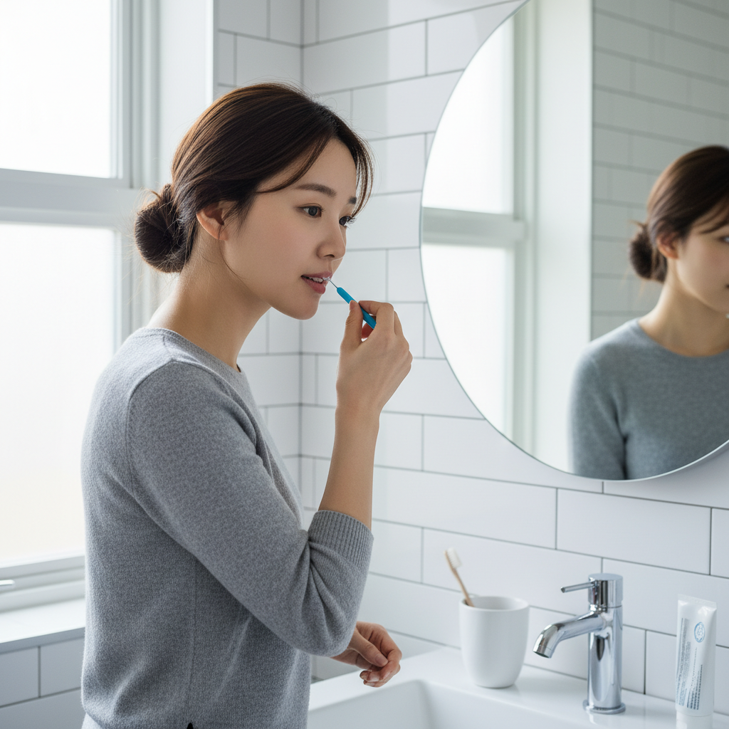 한국인 여성이 세면대 앞에서 치간칫솔을 사용하는 일상 장면