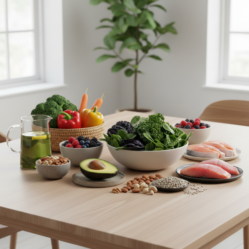 녹내장에 좋은 식품들이 식탁 위에 놓여 있는 장면
