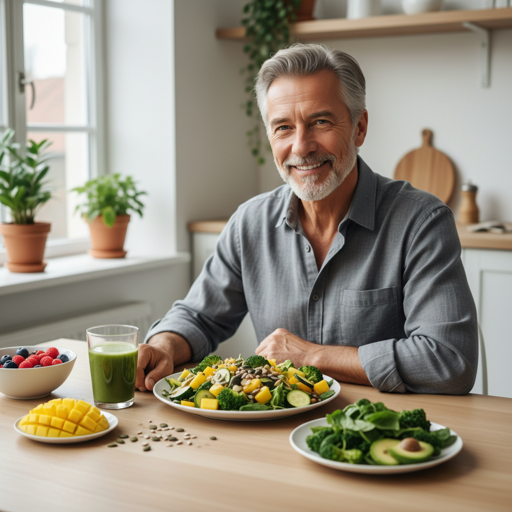 60대 남성이 녹황색 채소와 과일로 구성된 식사를 하는 모습