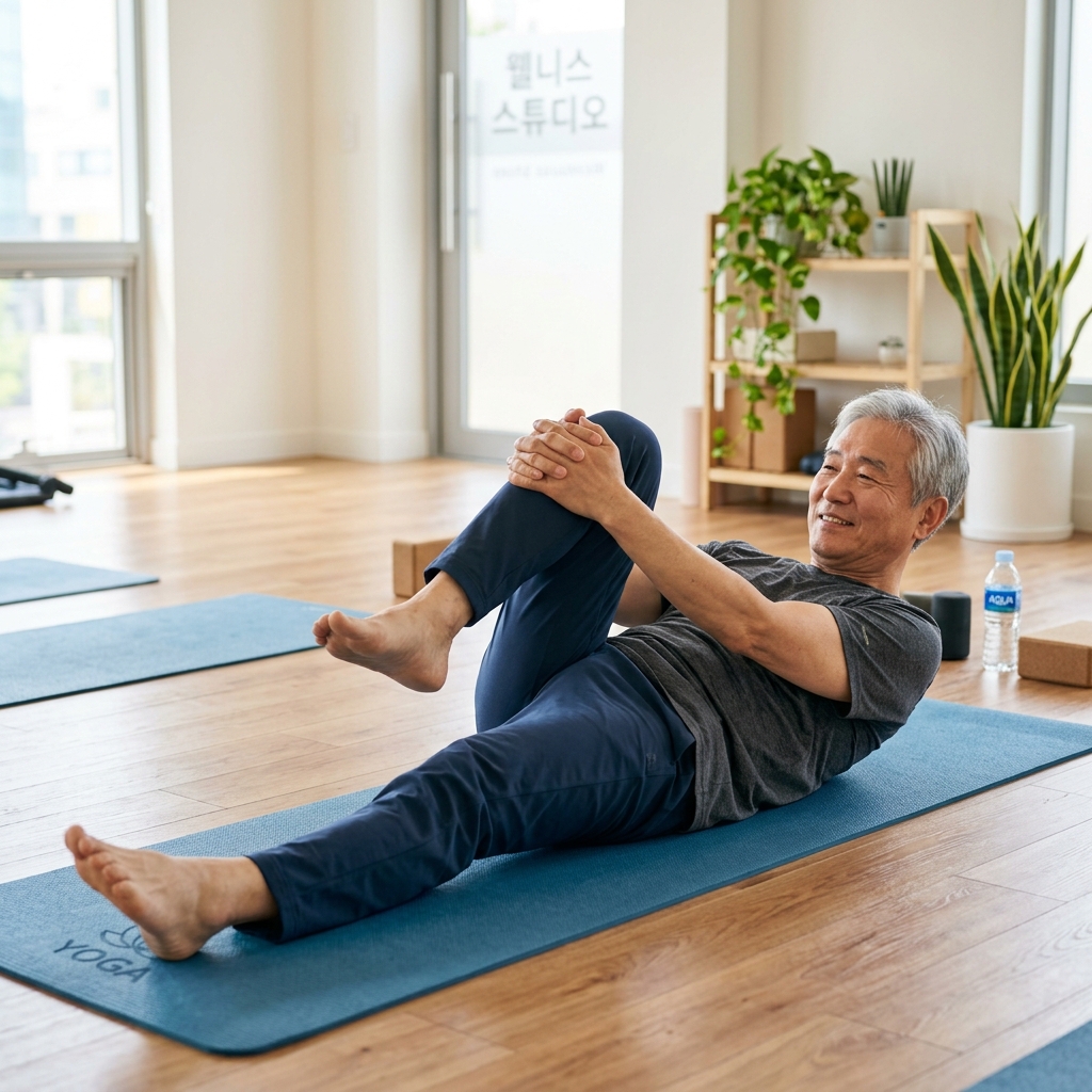 요가 매트 위에서 무릎 당기기 동작하는 시니어