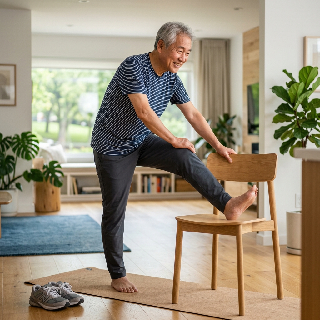 의자를 잡고 스트레칭하는 시니어 남성