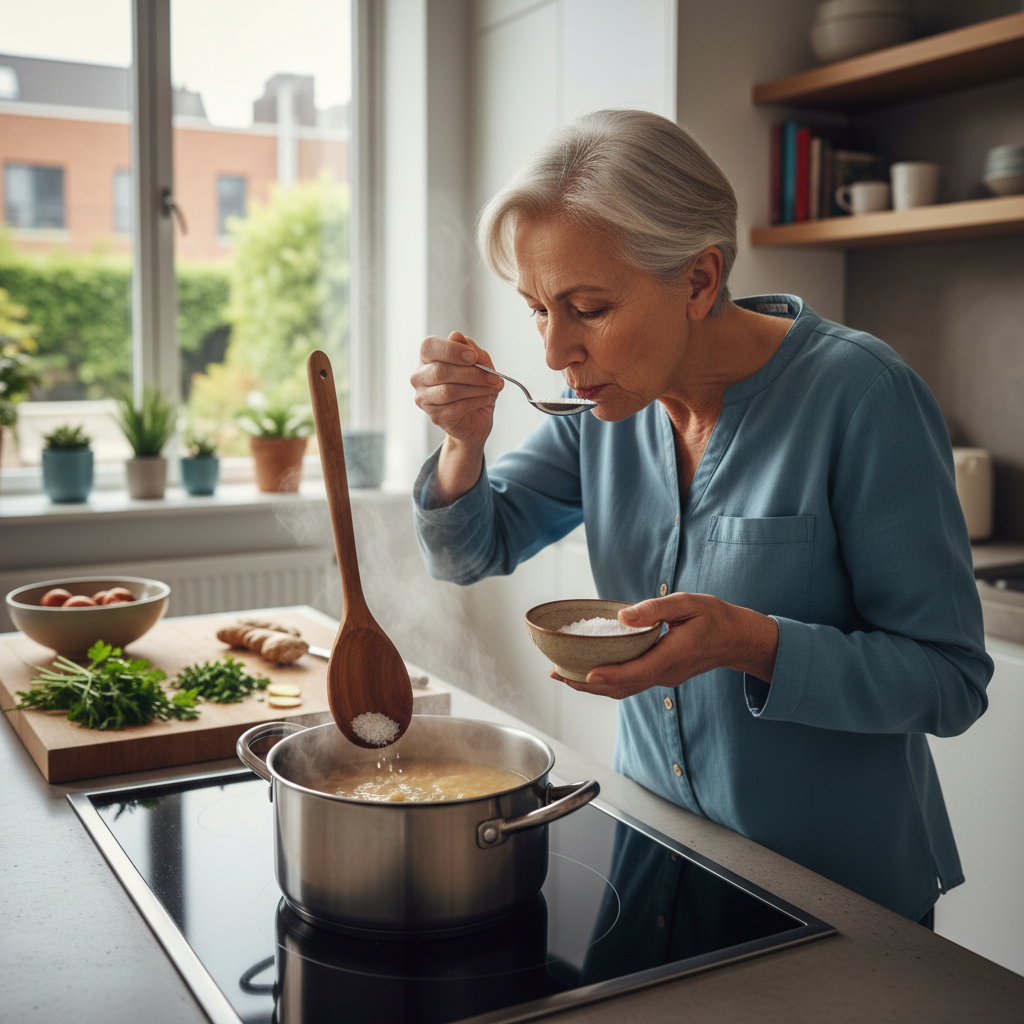 어르신이 주방에서 국에 소금을 넣으며 맛을 보는 장면