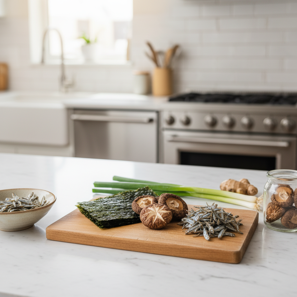 다시마, 표고버섯, 멸치가 함께 놓인 주방 조리대 위 모습