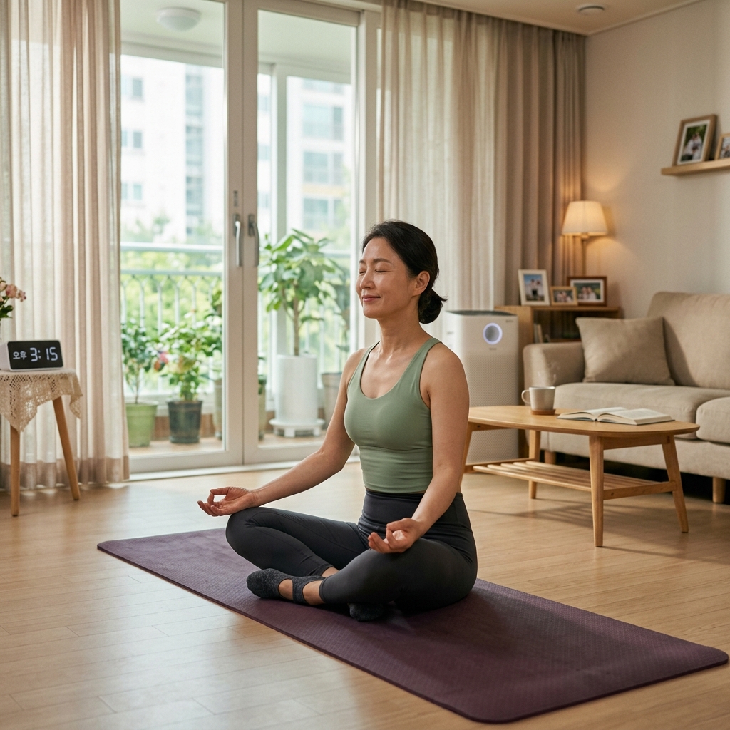 집 거실에서 한국인 중년 여성이 요가 매트 위에서 케겔운동을 하는 자연스러운 생활 장면