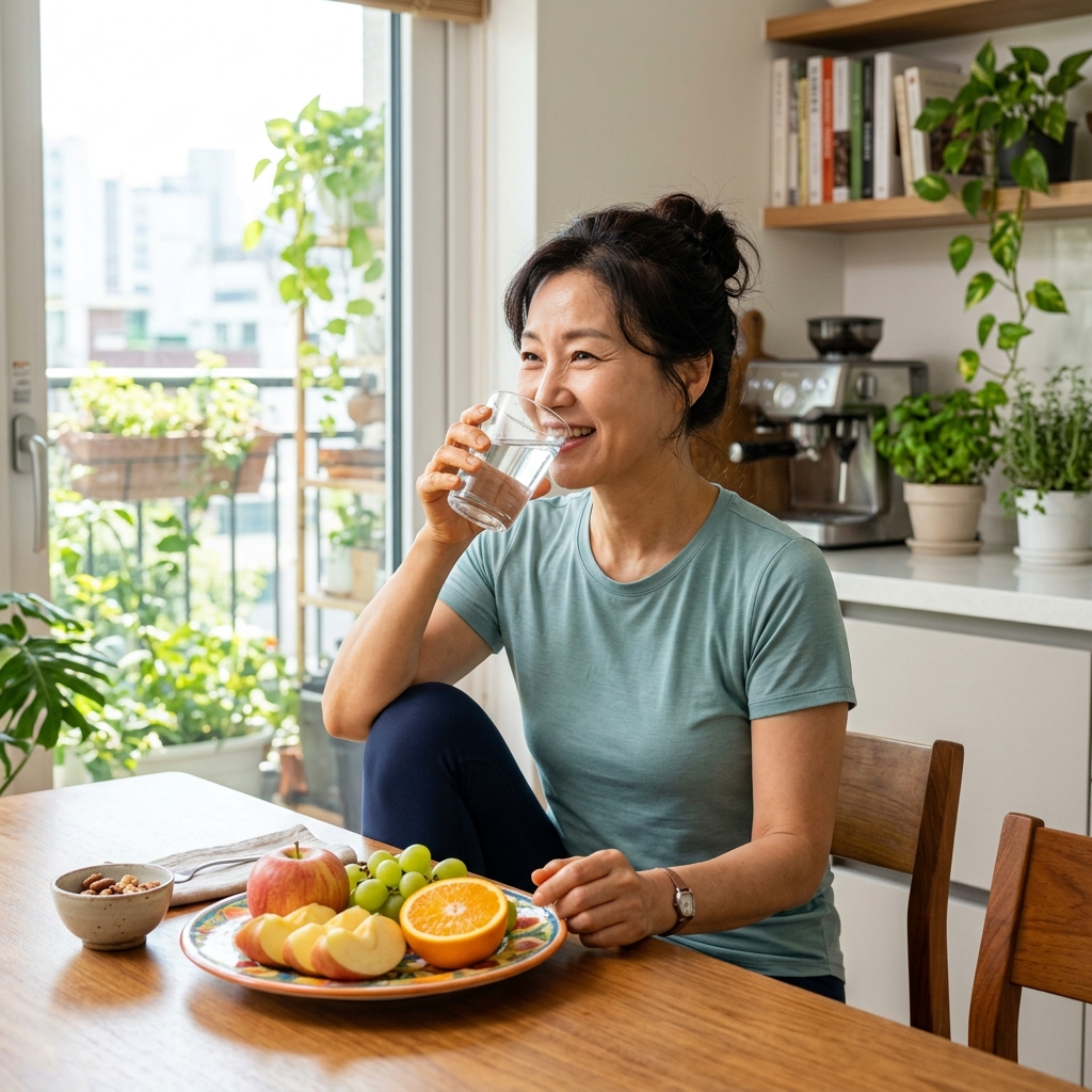주방 테이블에 앉아 물 한 잔을 마시며 과일을 먹는 한국인 중년 여성의 일상적인 장면