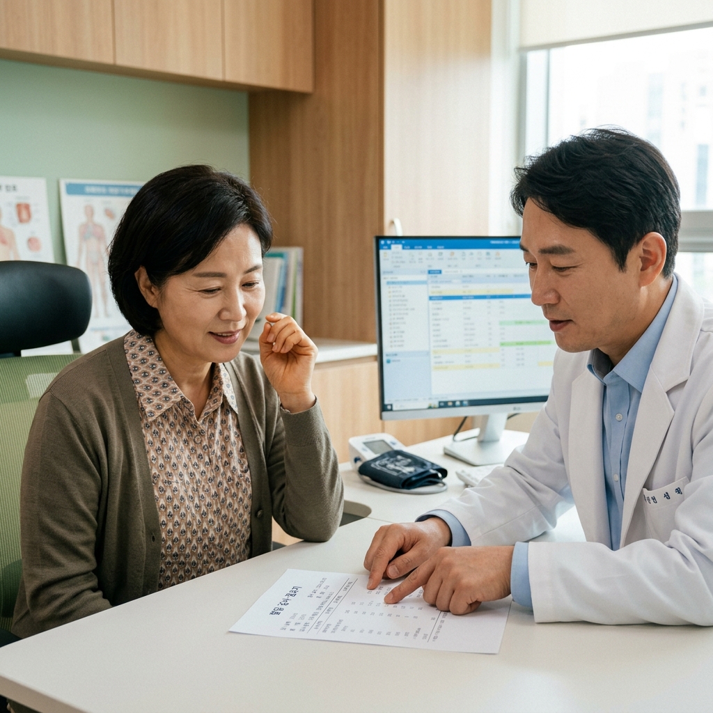 병원 진료실에서 한국인 중년 여성이 의사와 함께 혈당 검사 결과지를 확인하는 현실적인 장면