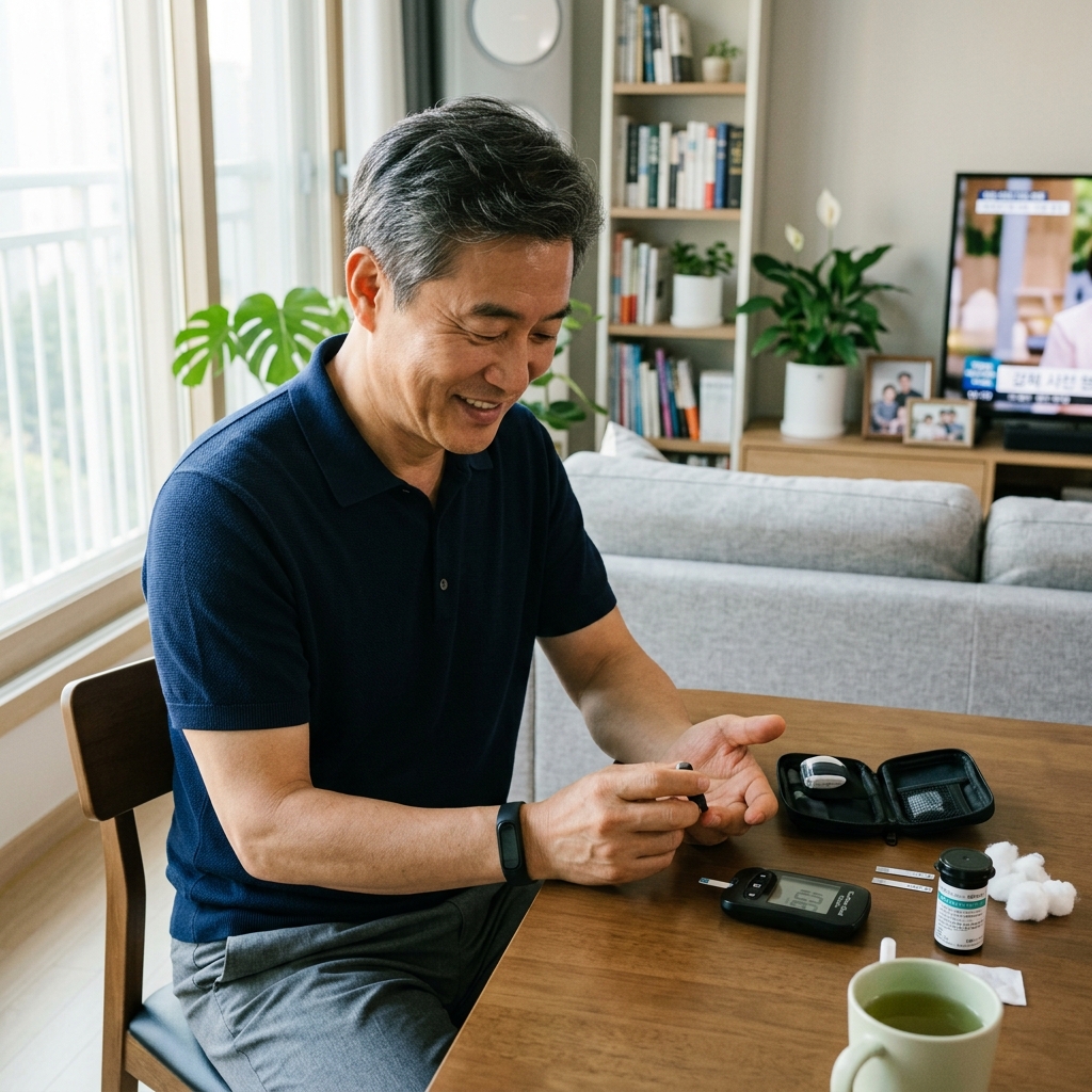 집 거실에서 한국인 중년 남성이 혈당 측정기로 손가락 끝 혈당을 체크하는 일상적인 장면