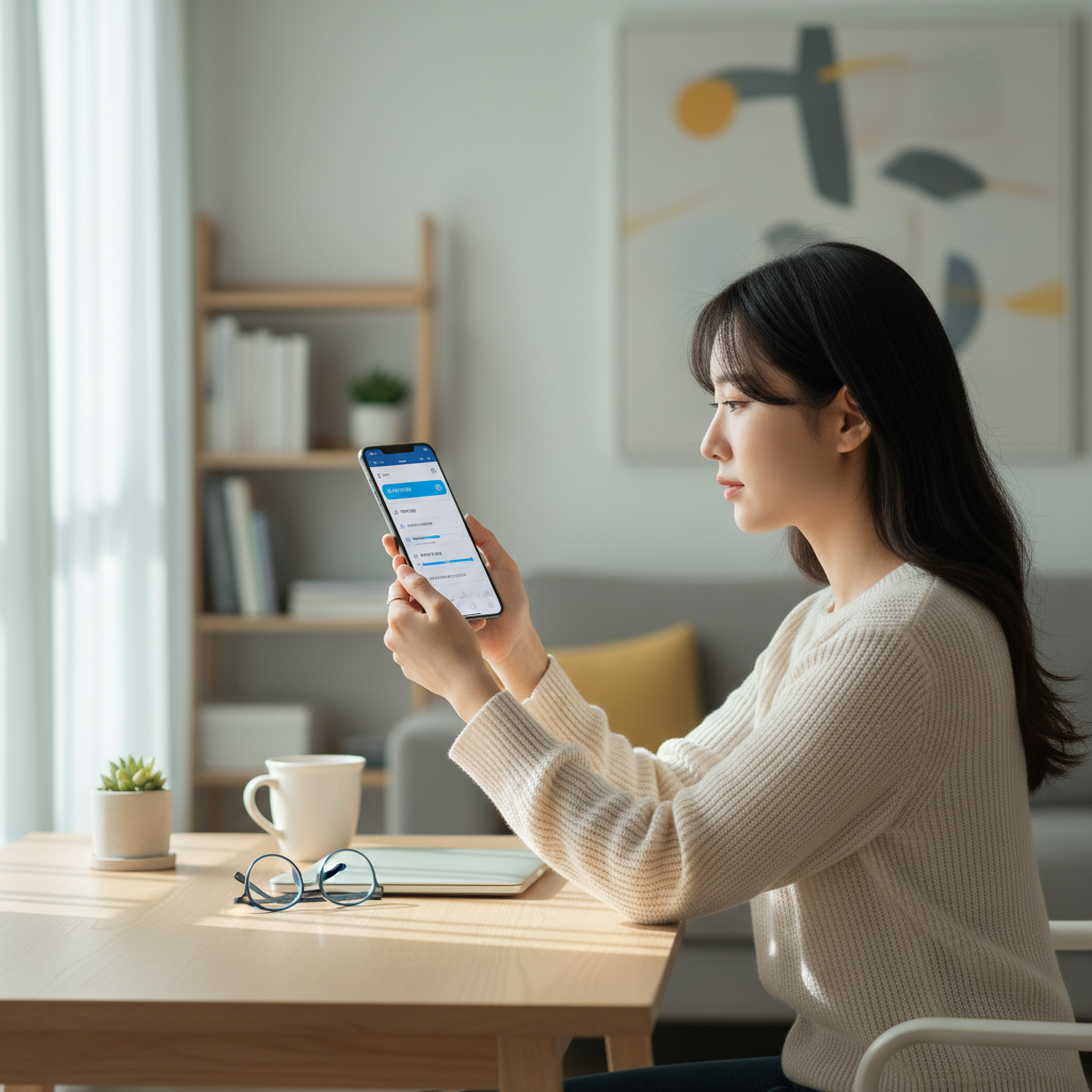 스마트폰으로 온라인 자가검사를 진행하는 한국인 여성의 모습