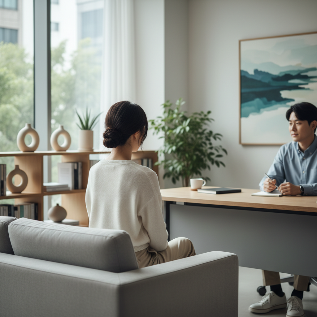 정신건강의학과 진료실에서 상담을 받는 한국인 여성의 뒷모습