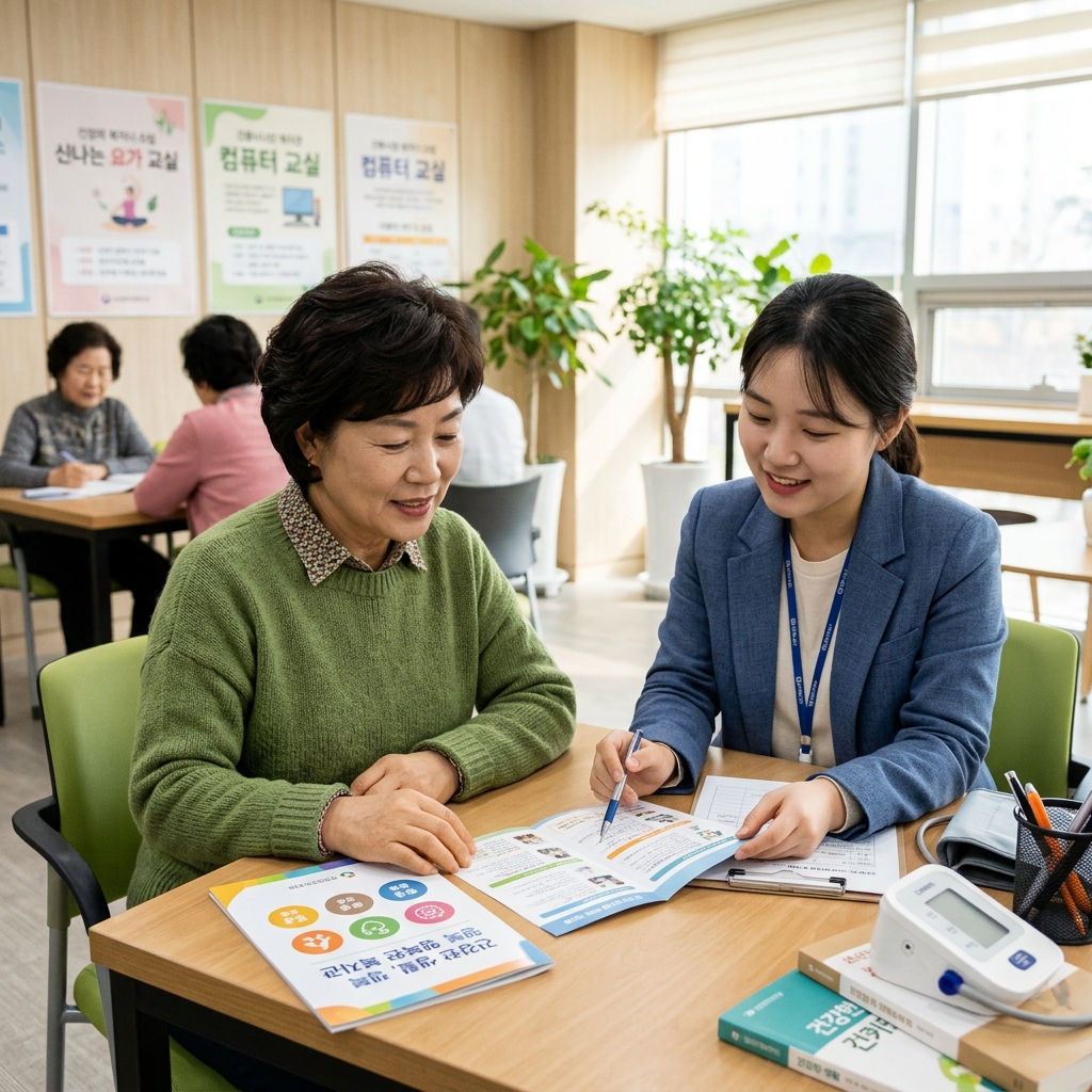 지역 복지관에서 한국인 중장년 여성이 건강 상담을 받으며 활동 안내지를 함께 보는 장면