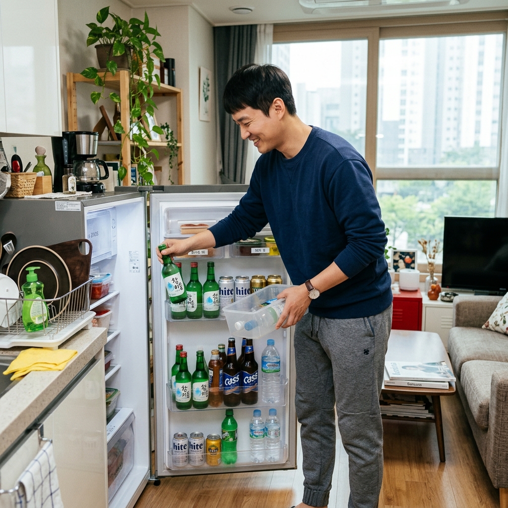 한국인 30대 남성이 집 거실에서 냉장고 속 술병을 정리하며 치우는 현실적인 생활 장면