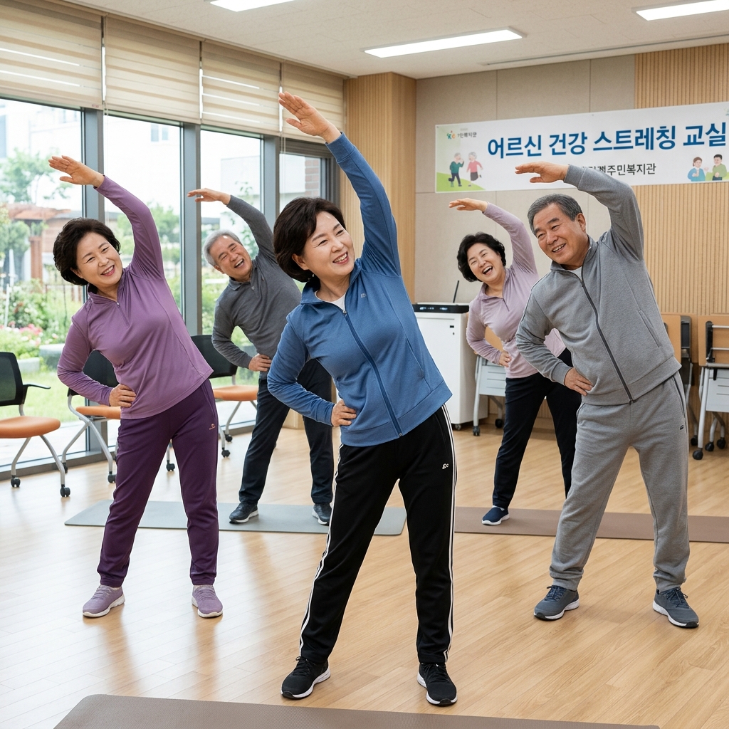 복지관 프로그램실에서 한국인 중장년층 여러 명이 함께 가벼운 스트레칭 활동을 하는 자연스러운 장면