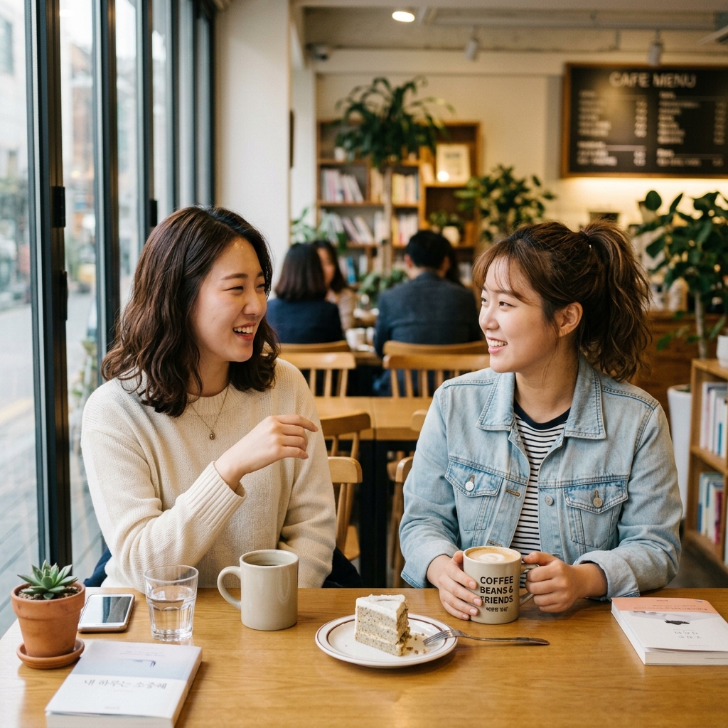 한국인 20대 여성이 카페에서 친구와 대화하며 편안하게 이야기 나누는 일상적인 장면