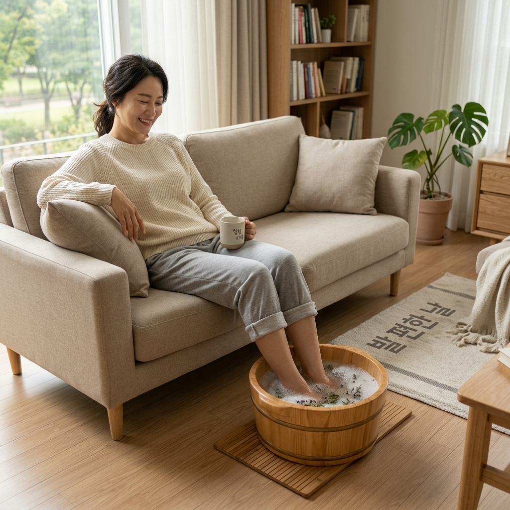 집 거실에서 한국인 여성이 족욕통에 발을 담그고 편안한 표정으로 앉아있는 자연스러운 생활 장면