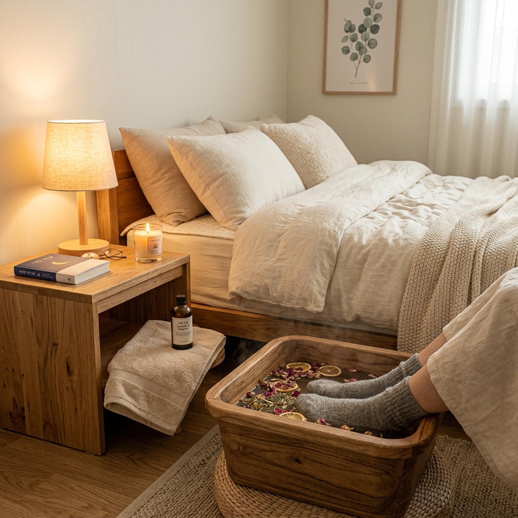 침대 옆 작은 탁자에 놓인 족욕통과 따뜻한 조명이 있는 편안한 취침 준비 장면